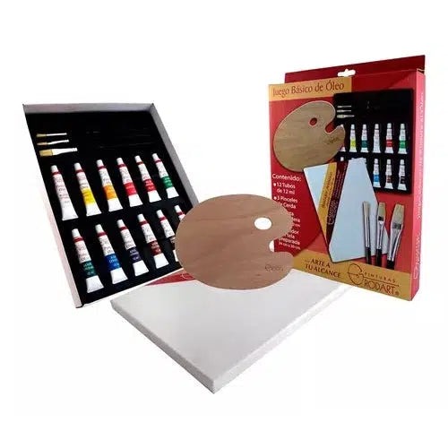 [14954] Kit  Básico Pintura al Oleo , 12 colores, bastidor de tela, 1 paleta, 3 pinceles Rodart