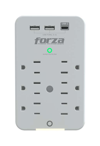 [16250] TOMACORRIENTE PROTECTOR FORZA, 6 SALIDAS, X2 USB TIPO A, X1 USB TIPO C, 120V, 490J/1875W, FWT-631USBC, Con luz LED