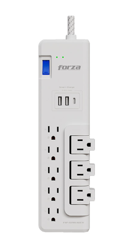[16251] PROTECTOR TENSIÓN FORZA, 8 SALIDAS, 3-GIRATORIAS,  x2 USB TIPO A, x1 USB TIPO C, 120V/240V, FSP-821RUSBCW