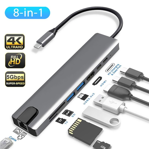 [09676] Adaptador Hub Argom, Tipo C  8 en1, HDMI 4K, RJ45, SD, Micro SD,  USB 3.0X2, ARG-UB-0093